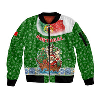 Portugal Christmas Sleeve Zip Bomber Jacket with Green Red Santa Ship Tree and Coat of Arms - Wonder Print Shop
