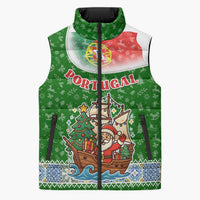 Portugal Christmas Sleeveless Puffer Jacket with Green Red Santa Ship Tree and Coat of Arms - Wonder Print Shop