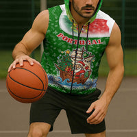 Portugal Christmas Sleeveless Zip Hoodie with Green Red Santa Ship Tree and Coat of Arms - Wonder Print Shop