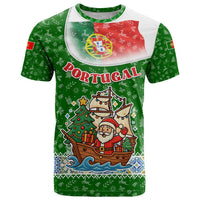 Portugal Christmas T Shirt with Green Red Santa Ship Tree and Coat of Arms - Wonder Print Shop