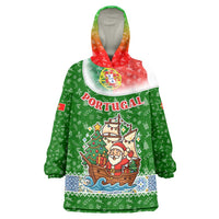 Portugal Christmas Wearable Blanket Hoodie with Green Red Santa Ship Tree and Coat of Arms - Wonder Print Shop