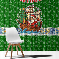 Portugal Christmas Window Curtain with Green Red Santa Ship Tree and Coat of Arms - Wonder Print Shop