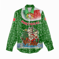 Portugal Christmas Women Casual Shirt with Green Red Santa Ship Tree and Coat of Arms - Wonder Print Shop