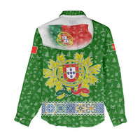 Portugal Christmas Women Casual Shirt with Green Red Santa Ship Tree and Coat of Arms - Wonder Print Shop