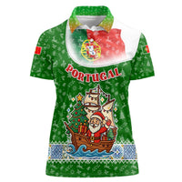 Portugal Christmas Women Polo Shirt with Green Red Santa Ship Tree and Coat of Arms - Wonder Print Shop