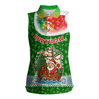 Portugal Christmas Women Sleeveless Polo Shirt with Green Red Santa Ship Tree and Coat of Arms - Wonder Print Shop
