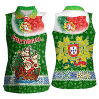 Portugal Christmas Women Sleeveless Polo Shirt with Green Red Santa Ship Tree and Coat of Arms - Wonder Print Shop