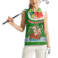 Portugal Christmas Women Sleeveless Polo Shirt with Green Red Santa Ship Tree and Coat of Arms - Wonder Print Shop