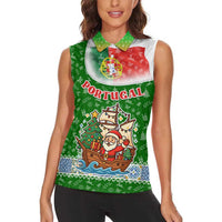 Portugal Christmas Women Sleeveless Polo Shirt with Green Red Santa Ship Tree and Coat of Arms - Wonder Print Shop