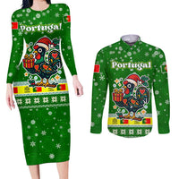 Portugal Christmas Couples Matching Long Sleeve Bodycon Dress and Long Sleeve Button Shirt with Green Galo de Barcelos Rooster Santa Hat and Gift - Wonder Print Shop