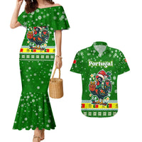 Portugal Christmas Couples Matching Mermaid Dress and Hawaiian Shirt with Green Galo de Barcelos Rooster Santa Hat and Gift - Wonder Print Shop