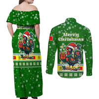 Portugal Christmas Couples Matching Off Shoulder Maxi Dress and Long Sleeve Button Shirt with Green Galo de Barcelos Rooster Santa Hat and Gift - Wonder Print Shop