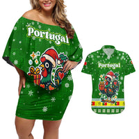 Portugal Christmas Couples Matching Off Shoulder Short Dress and Hawaiian Shirt with Green Galo de Barcelos Rooster Santa Hat and Gift - Wonder Print Shop