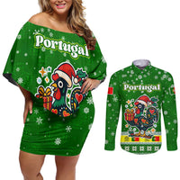 Portugal Christmas Couples Matching Off Shoulder Short Dress and Long Sleeve Button Shirt with Green Galo de Barcelos Rooster Santa Hat and Gift - Wonder Print Shop