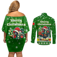 Portugal Christmas Couples Matching Off Shoulder Short Dress and Long Sleeve Button Shirt with Green Galo de Barcelos Rooster Santa Hat and Gift - Wonder Print Shop