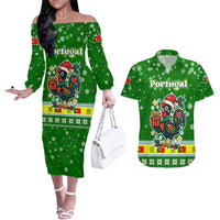 Portugal Christmas Couples Matching Off The Shoulder Long Sleeve Dress and Hawaiian Shirt with Green Galo de Barcelos Rooster Santa Hat and Gift - Wonder Print Shop