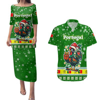 Portugal Christmas Couples Matching Puletasi and Hawaiian Shirt with Green Galo de Barcelos Rooster Santa Hat and Gift - Wonder Print Shop