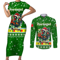Portugal Christmas Couples Matching Short Sleeve Bodycon Dress and Long Sleeve Button Shirt with Green Galo de Barcelos Rooster Santa Hat and Gift - Wonder Print Shop