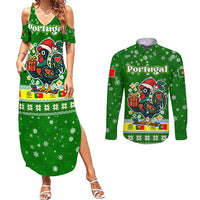 Portugal Christmas Couples Matching Summer Maxi Dress and Long Sleeve Button Shirt with Green Galo de Barcelos Rooster Santa Hat and Gift - Wonder Print Shop