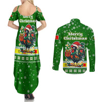 Portugal Christmas Couples Matching Summer Maxi Dress and Long Sleeve Button Shirt with Green Galo de Barcelos Rooster Santa Hat and Gift - Wonder Print Shop