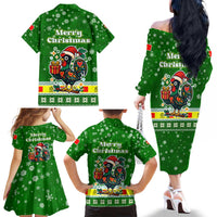 Portugal Christmas Family Matching Off The Shoulder Long Sleeve Dress and Hawaiian Shirt with Green Galo de Barcelos Rooster Santa Hat and Gift - Wonder Print Shop