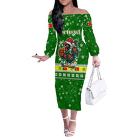 Portugal Christmas Family Matching Off The Shoulder Long Sleeve Dress and Hawaiian Shirt with Green Galo de Barcelos Rooster Santa Hat and Gift - Wonder Print Shop