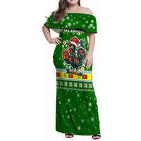 Portugal Christmas Family Matching Off Shoulder Maxi Dress and Hawaiian Shirt with Green Galo de Barcelos Rooster Santa Hat and Gift - Wonder Print Shop