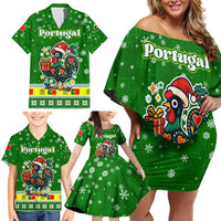 Portugal Christmas Family Matching Off Shoulder Short Dress and Hawaiian Shirt with Green Galo de Barcelos Rooster Santa Hat and Gift - Wonder Print Shop