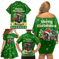 Portugal Christmas Family Matching Off Shoulder Short Dress and Hawaiian Shirt with Green Galo de Barcelos Rooster Santa Hat and Gift - Wonder Print Shop