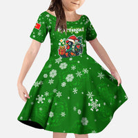 Portugal Christmas Family Matching Short Sleeve Bodycon Dress and Hawaiian Shirt with Green Galo de Barcelos Rooster Santa Hat and Gift - Wonder Print Shop