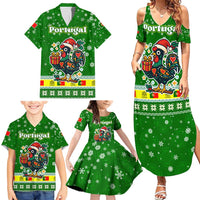Portugal Christmas Family Matching Summer Maxi Dress and Hawaiian Shirt with Green Galo de Barcelos Rooster Santa Hat and Gift - Wonder Print Shop