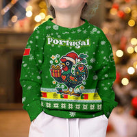 Portugal Christmas Kid Ugly Christmas Sweater with Green Galo de Barcelos Rooster Santa Hat and Gift - Wonder Print Shop