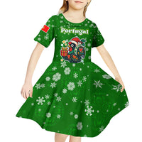 Portugal Christmas Kid Short Sleeve Dress with Green Galo de Barcelos Rooster Santa Hat and Gift - Wonder Print Shop