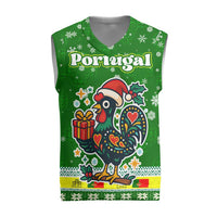 Portugal Christmas Knitted V-Neck Vest with Green Galo de Barcelos Rooster Santa Hat and Gift - Wonder Print Shop