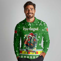 Portugal Christmas Long Sleeve Polo Shirt with Green Galo de Barcelos Rooster Santa Hat and Gift - Wonder Print Shop