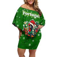 Portugal Christmas Off Shoulder Short Dress with Green Galo de Barcelos Rooster Santa Hat and Gift - Wonder Print Shop