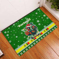 Portugal Christmas Rubber Doormat with Green Galo de Barcelos Rooster Santa Hat and Gift - Wonder Print Shop
