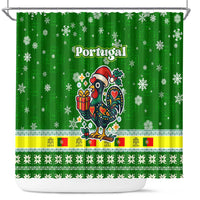 Portugal Christmas Shower Curtain with Green Galo de Barcelos Rooster Santa Hat and Gift - Wonder Print Shop