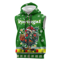 Portugal Christmas Sleeveless Zip Hoodie with Green Galo de Barcelos Rooster Santa Hat and Gift - Wonder Print Shop