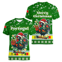 Portugal Christmas Women V-Neck T-Shirt with Green Galo de Barcelos Rooster Santa Hat and Gift - Wonder Print Shop