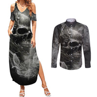Hello Darkness My Old Friend Skull Couples Matching Summer Maxi Dress and Long Sleeve Button Shirts - Wonder Print Shop