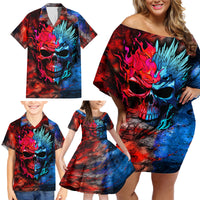 Be Careful Skull Family Matching Off Shoulder Short Dress and Hawaiian Shirt - Wonder Print Shop