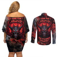 I Can Fix Stupid But It's Gonna Hurt Skull Couples Matching Off Shoulder Short Dress and Long Sleeve Button Shirts - Wonder Print Shop