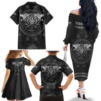 Viking Family Matching Off Shoulder Long Sleeve Dress and Hawaiian Shirt Norse Wolf and Bearclaw Fusion - Wonder Print Shop