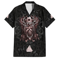 Black short-sleeve button-up Hawaiian shirt with Viking skull and winged design on front
