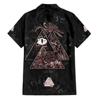 Black short-sleeve button-up Hawaiian shirt with large Odin-style triangle artwork on back