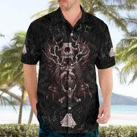 Black short-sleeve button-up Hawaiian shirt with Viking skull and bearded figure print