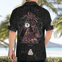 Black short-sleeve button-up Hawaiian shirt with Odin-style triangle artwork on back panel