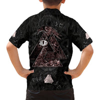 Black short-sleeve button-up Hawaiian shirt with Odin-style triangle artwork on back for kids