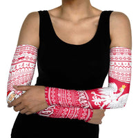 Poland Christmas Arm Sleeves with Santa Riding Stork White Eagle Emblem and Red Snowflake Knit Pattern Design - Wonder Print Shop